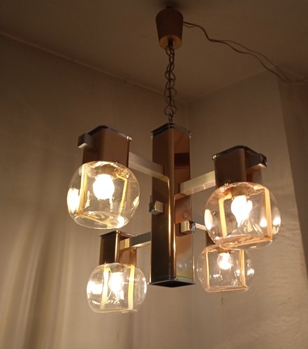 Italian 1970s Cubic Brass and Murano Glass Sciolari Chandelier Ceiling Lamp - Picture 3 of 12