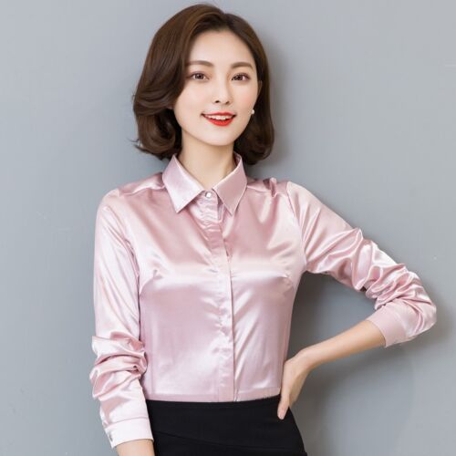 Women Silk Satin Shirt Long Sleeve Formal Work Shirts Shiny Blouse Top Elegant - Picture 11 of 17