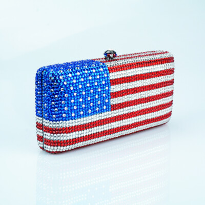 American Flag Pattern Women Crystal Diamond Evening Bag Purse Clutch Handbag