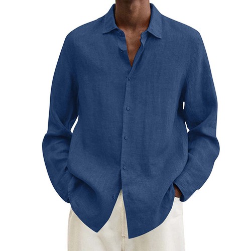 Men's Cotton Linen Long Sleeve Shirt Solid Baggy Button-down Tops T Shirt Blouse - Imagen 9 de 17