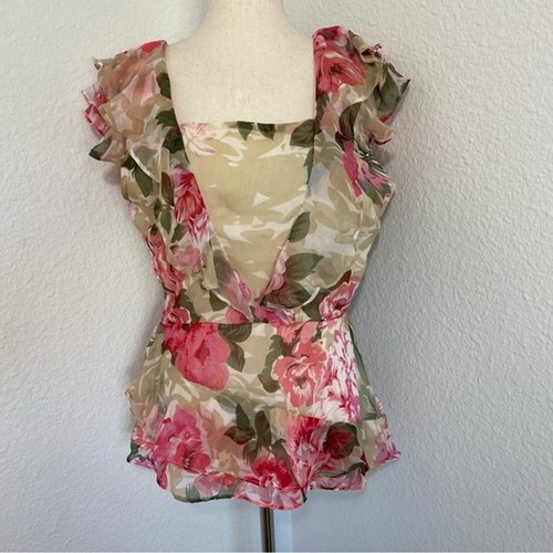 Walter Baker Floral Ruffle Open Back Pink Cream Green Blouse Top Size M - Picture 2 of 11