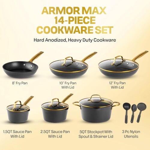 Granitstein Armor Max Gold 14-teiliges antihaftbeschichtetes harteloxiertes Kochgeschirr-Set - Bild 2 von 7