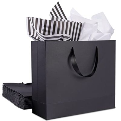 U'COVER 13" Black Happy Birthday Gift Bags Medium Size For Men Gold & Silver Foil Polka Dots Gift Bag With Handles For Father Husband With Card & Tissue Paper (Black