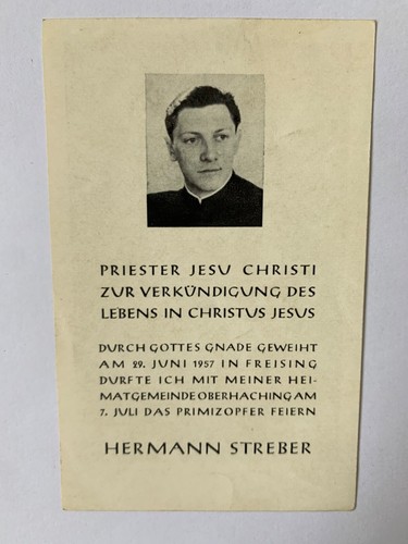 Heiligenbild P.Preisinger Nr 641, zur Primiz von P. Hermann Streber 1957