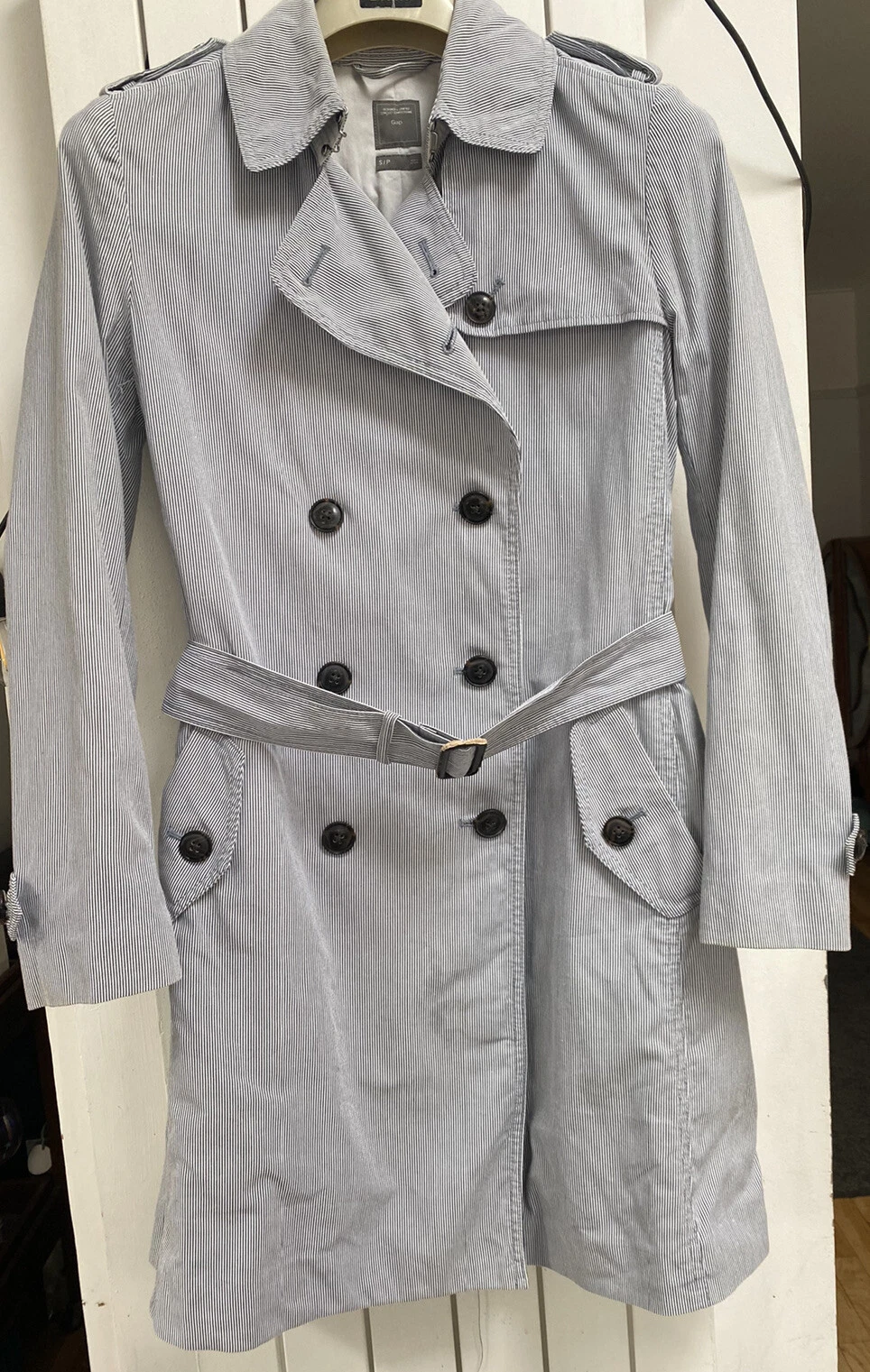 Gap Women's Trenchcoat, Navy & White Stripes, Size S. Very good condition.