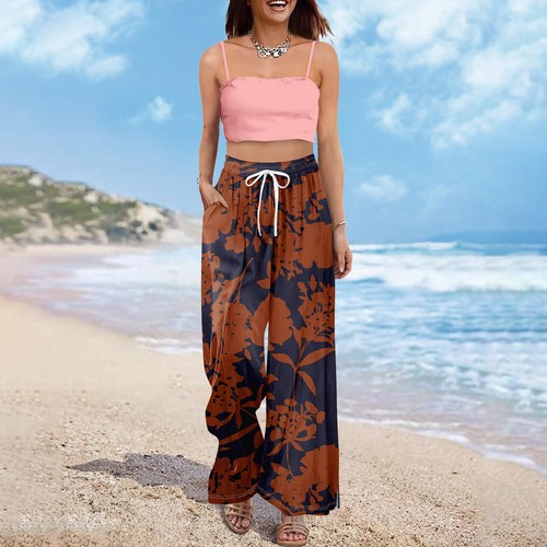 Women's Palazzo Pants Lounge Summer Comfortable Floral Wide Leg Casual Trousers - Picture 10 of 30