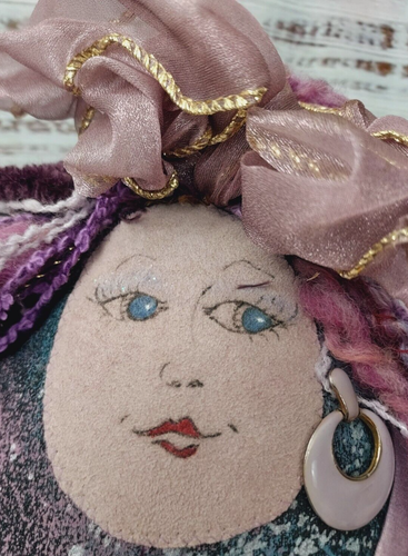Muñeca de arte de fibra vintage hecha a mano Imagina ese regalo artístico púrpura ojos azules - Imagen 3 de 9