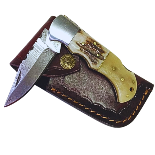 Damascus Steel Folding Pocket Knife 6.5" Stag Antler Handle With Leather Sheath - Picture 4 of 9