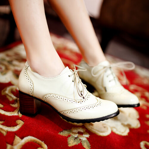 Zapatos de salón Oxford retro con cordones para mujer Zapatos de tacón ancho Zapatos de corte Talla grande - Imagen 16 de 35