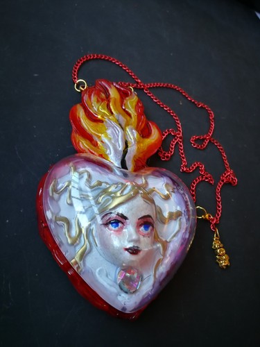 Sacred Heart Luxury Jewelry Flower Pendant Burning Flame Ex Voto Doll Head Jewel - Picture 7 of 24