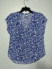 H&M Womens Blue Coral Pattern Button Up Short Sleeve Blouse Size Small (E09)