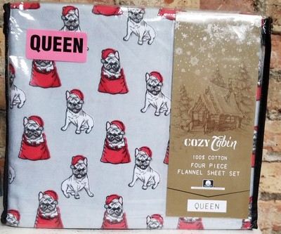 Cozy Cabin Queen 4 Piece Flannel Sheet Set French Bulldog Frenchie