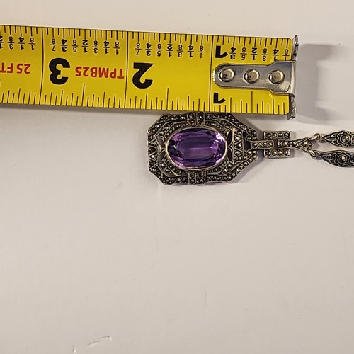 Amethyst & Marcasite Pendant Sterling Silver Necklace Vintage - Picture 9 of 12