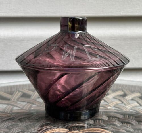 Hazel Atlas Moroccan Purple Amethyst Swirled Glass Lidded Candy Jar Monogrammed - Picture 3 of 9