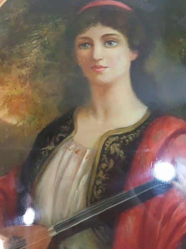 DRUCK EINER JUNGEN FRAU, DIE EINE LAUTE SPIELT. MONTIERT IN EINEM KONVEXEN OVALEN RAHMEN UNBEDINGT ANSEHEN! - Bild 2 von 3