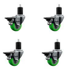 3 Inch Green Poly Swivel 1-3/4 Inch Expanding Stem Caster Set with Brake SCC