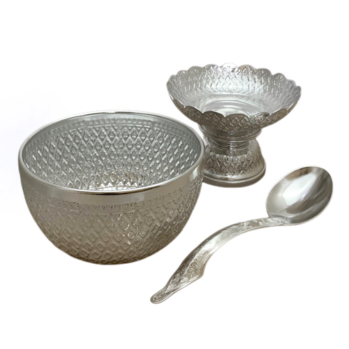 Set of Silver Aluminum Bowl Supporting Tray Ladle Thai Pattern Genuine 3 Pcs. - Picture 3 of 6