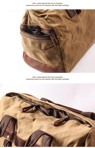 Vintage Waxed Canvas Luggage Bag Genuine Leather Travel Bags Shoulder Strap NEW! - Picture 5 of 14