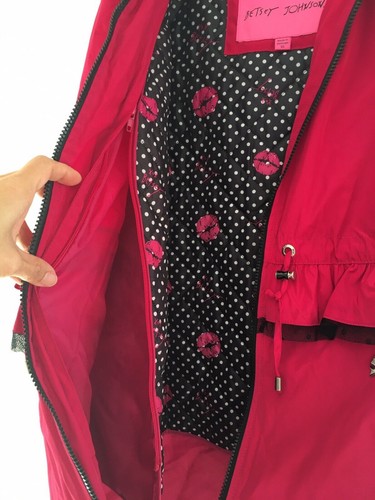 Giacca trench BETSEY JOHNSON rosa cappuccio peplo pioggia leggera Anorak $200 M3020 - Foto 3 di 24