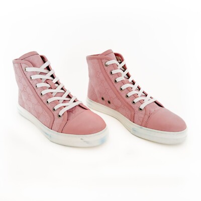 Gucci Rebel High Top GG Sneakers EU 37 US 7 Pink Monogram Canvas Lace Up Cap Toe