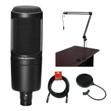 Audio-Technica AT2020 Cardioid Condenser Microphone w/ Boom Arm, Filter & Cable