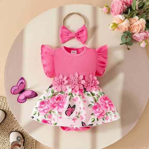 Newborn Baby Girls Ribbed Floral Sleeveless Romper Dress Headband Sets Outfits - Picture 14 of 15