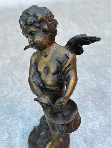 VINTAGE BRONZE SCULPTURE DRUMMER BABY ANGEL CHERUB BOY WITH WINGS FIGURINE 11" H - Picture 17 of 17