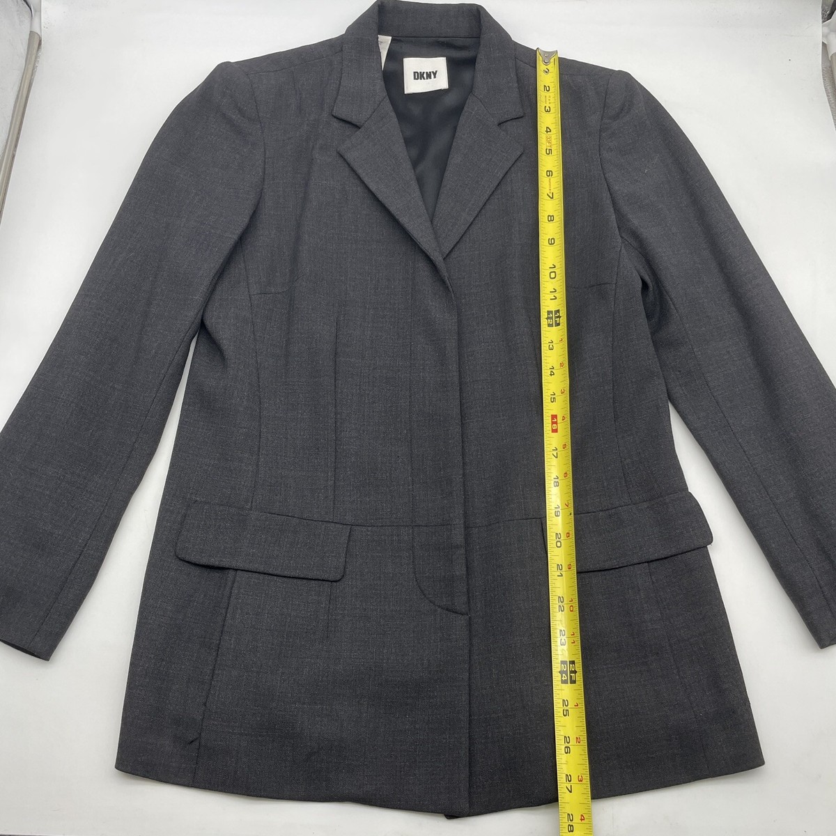 Vintage 90s DKNY Black Wool Longline Hidden Button Blazer Jacket Women's Size 4