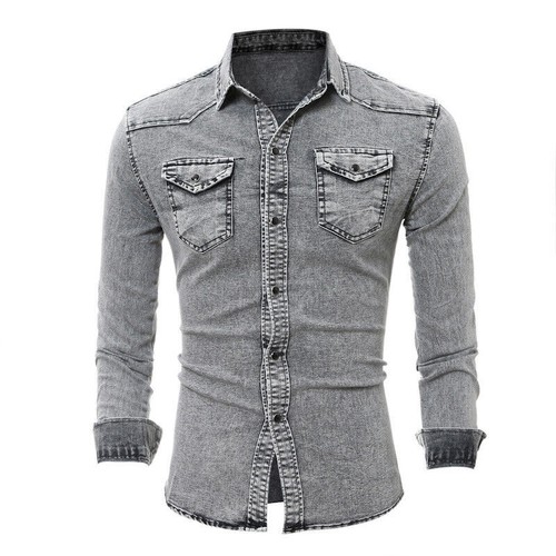Camicie uomo denim manica lunga jeans cotone lavato slim fit camicie multicolore top - Foto 8 di 25