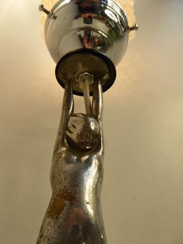 ANTIQUE CHROME DIANA NAKED LADY ART DECO STATUE LAMP FLAME GLASS LIGHTSHADE - Picture 7 of 13