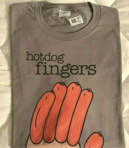 T-shirt maglietta uomo "Hot Dog Fingers" TV's The Office taglia large grafica ardesia T nuova! - Foto 3 di 9