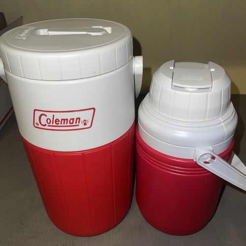 Vintage Red Coleman Polylite 5590 1/2 Gallon Water Jug Cooler +Smaller One (OB)