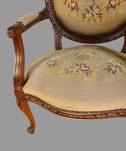 Antique French Carved Walnut Arm Chair-Aubusson Tapestry, Petite Point Upholstry - Picture 6 of 8