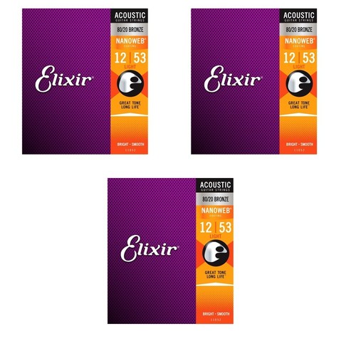 3 x Elixir 11052 Acoustic Guitar Strings Nanoweb Light 12-53 80/20 Bronze A-NW-L - Picture 2 of 2