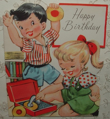 Kids, Record Player - 1950's Vintage SANGAMON Birthday Greeting Card - Afbeelding 1 van 3