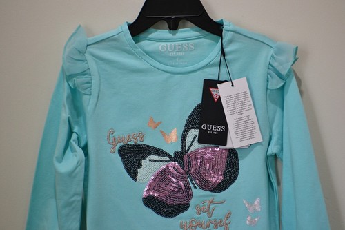 NWT GIRLS KIDS GUESS LONG SLEEVE T-SHIRT LT BLUE BUTTERFLY TEE SHIRT SZ 3 4 5 6 - Picture 2 of 5