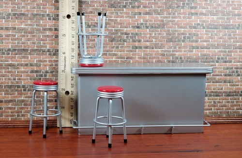 Dollhouse Retro Bar with 3 Red Stools 1950s Style 1:12 Scale Miniature Furniture - Picture 8 of 8