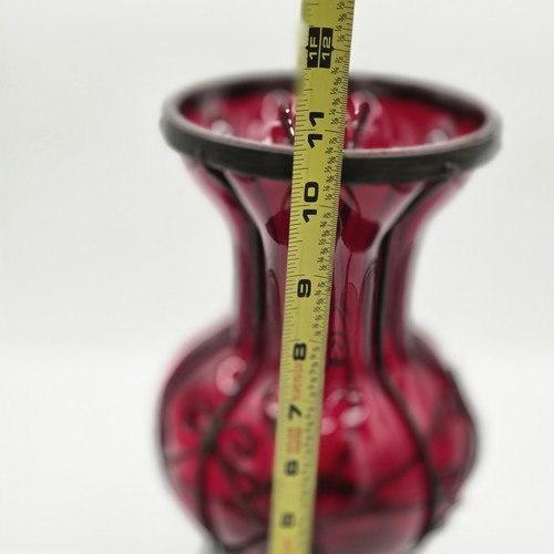 VTG Ruby Red Glass Encased Wrought Iron Caged Handblown Bubble Vase Gothic 10.5" - Picture 8 of 9