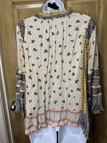 John Mark Multi Print Embroidered Ruffle Trim Sleeve Size L Gold Cream Grey - Picture 2 of 6