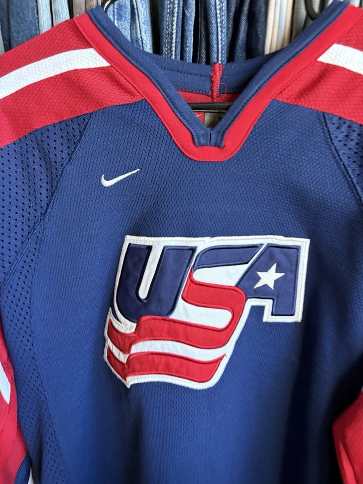 Vintage Nike USA Hockey Jersey Large L Red Blue White Made in Korea Olympics - Image 2 of 4