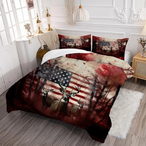  Juego de edredón bandera americana rojo y blanco alce EE. UU. tamaño edredón para niños King Rwl Foto 4 de 4