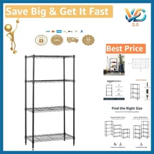 Black Steel 4-Shelf Storage Rack Adjustable Durable Easy Assembly