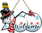 Welcome Winter Snowman Front Door Sign, Christmas Cardinal Bird Wood Door Hanger
