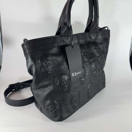IO Pelle Italia Umhängetasche Totenkopf schwarz 14x10x6 Base Leder Italien 552/R Neu mit Etikett - Bild 2 von 11