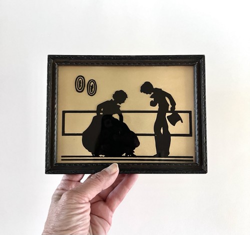 Vintage Antique Victorian Black SILHOUETTE Couple ~ 5x7 Carved Framed Picture - Picture 2 of 9