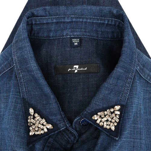 7 For All Mankind Top Womens Medium Blue Cotton Denim Rhinestone Collar Blouse - Picture 2 of 15