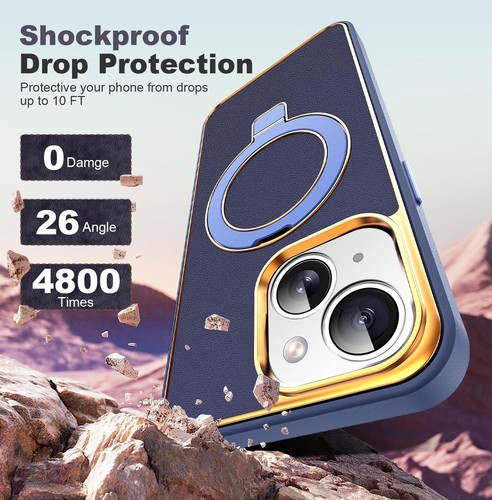 NEW iPhone 15 Plus Case w/ Magnetic Invisible O-Ring Stand Blue with Gold Trim - Picture 6 of 9
