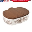 Stoneware Pumpkin Baker W/ Lid Acacia Wood Casserole Dish Fall Decor New