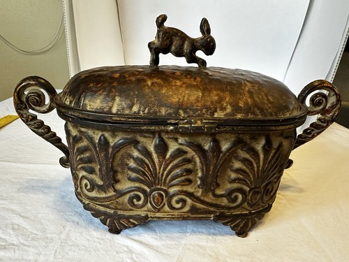 Pier One Imports Vintage Hammered Metal Rabbit lid Hinged Box Chest W/ Handles - Picture 7 of 18