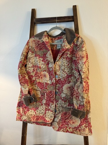 Abrigo de Granero Vintage LL Bean Rojo Floral Chaqueta Utilitaria de Campo Años 90 Tareas Chaqueta Dorada